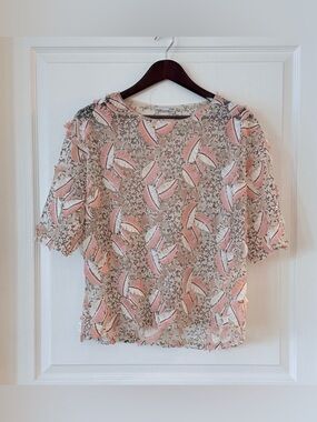 Zara Pink Embroidered Sheer Feather-Motif Blouse